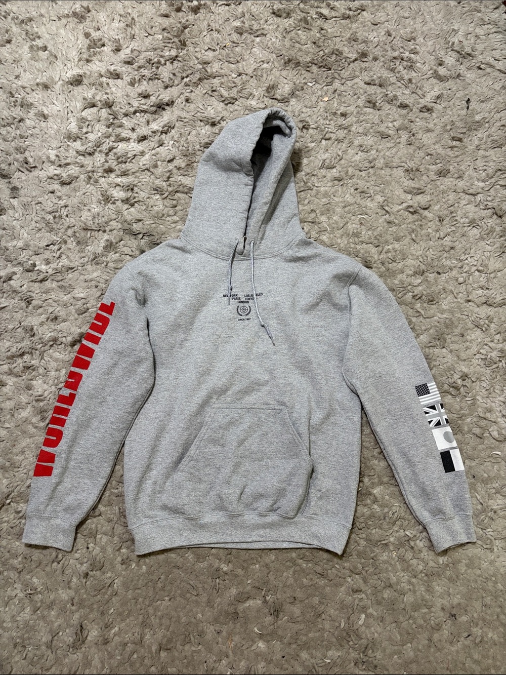Urban Outfitters Gray Hoodie with Red Sleeve Logo and Black/White Flag Details
